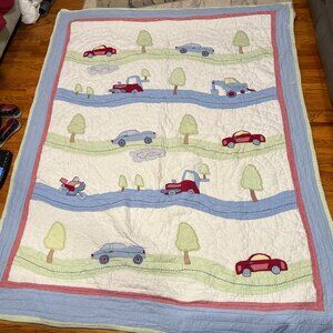 Children’s Transportation Quilt Twin Size Red Blue Cars Trees Cotton Patchwork